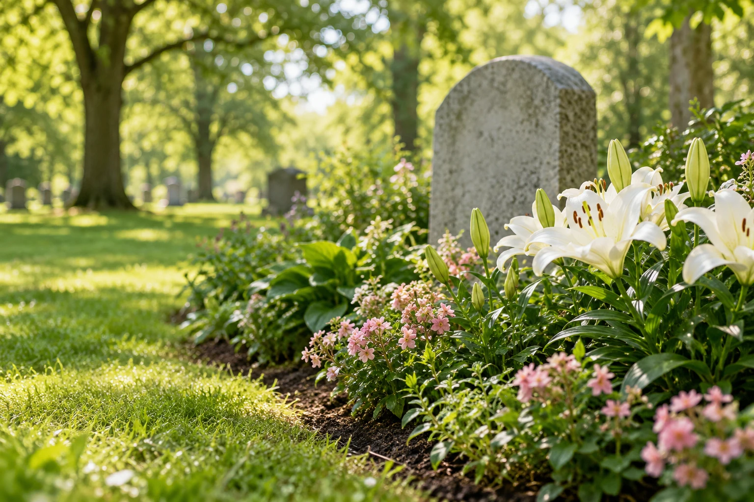 White lilies and soft pink flowers beside a neatly tended resting place in a quiet garden cemetery